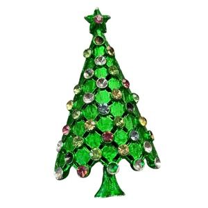 MYLU Signed Pink Yellow Pastel Green Enamel Christmas‎ Tree Holiday Brooch